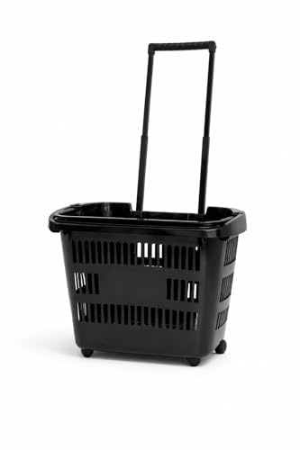 Rolling Shopping Basket with Wheels & Telescopic Handle 31L – Plastic Stackable Retail Supermarket Basket – Heavy Duty Shop Basket – Multiple Colours (Pack of 1) (Black)