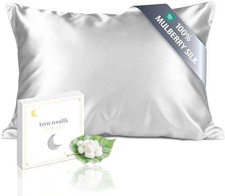 townssilk Federa seta cuscino,100% naturale seta di gelso 19momme,doppia faccia,benefica per capelli e pelle,ipoallergenica,cerniera nascosta,1 pz,50x75cm,Argento