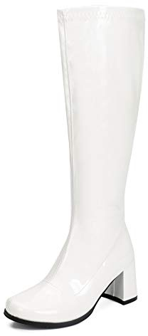 LIURUIJIA Women's Knee High Gogo Boots Square Toe Block Heel Boots White 9