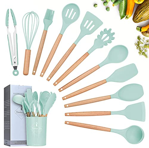 Ustensiles de Cuisine,Lychee 12PCS Kit d'Ustensiles de Cuisine en Silicone et Bois, Ustensiles Cuisine Antiadhésive Set avec Pot de Rangement,Silicone de qualité Alimentaire (Vert Clair)