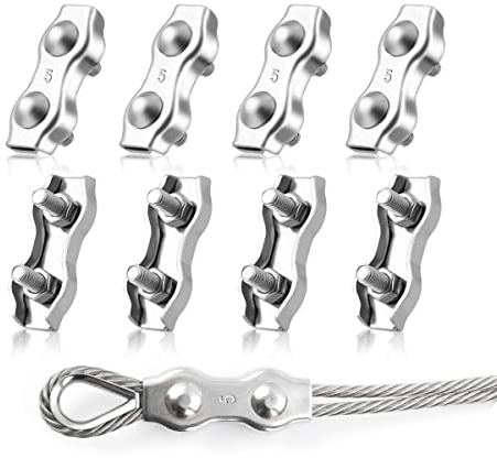 LYCXAMES M5 Morsetto Duplex, 8 Pezzi Morsetto per Fune Metallico, Morsetto per Cavi in Acciaio Inox 304, 5mm per Fune in Acciaio, Cavo per Asciugabiancheria, Fissaggio per Tenda