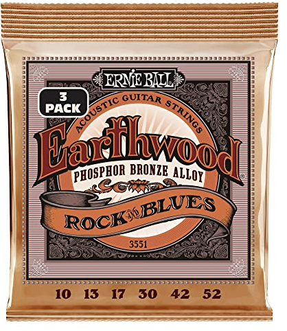 Ernie Ball Earthwood Rock and Blues Akustik-Gitarrensaiten Phosphor-Bronze, G-Saite nicht umwickelt, 3 Pakete, Stärke 10–52