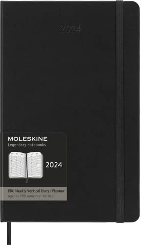 Moleskine Vertical Weekly Pro Agenda 12 Months 2024, Agenda 2024, Size Large 13x21, Hard Cover and Elastic Closure, Colour Black