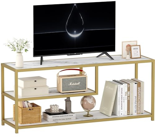 Function Home TV Stand for TVs up to 55 Inch, 3 Tier Entertainment Center, Media Console with Open Storage Shelves for Living Room Bedroom, 47” Modern TV Table with Faux Marble Top Gold Metal Leg