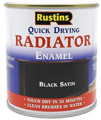 RUSTINS Quick Drying Radiator Enamel Satin - Black 250ml – Durable, Long-Lasting Finish for Radiators That Stands the Test of Time