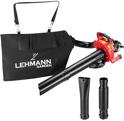 LEHMANN Soplador de Hojas Gasolina 4en1, Aspirador de Hojas con Función Trituradora, Velocidad de Soplado hasta 350 km/h, 26cc, 2 Tiempos, Correa & Saco 50L, 2 Tubos + 0,5L de Aceite de Mezcla