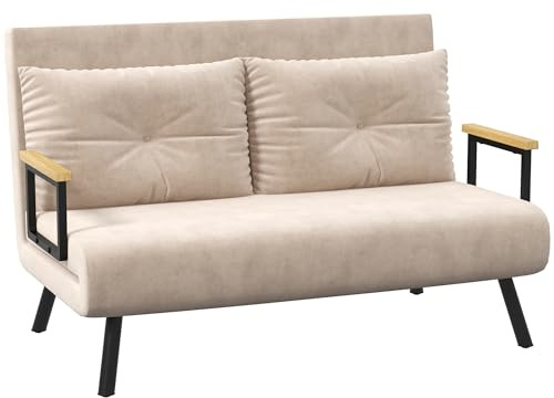 HOMCOM Sofá Cama de 2 Plazas 4 en 1 Sofá Cama Plegable Tapizado en Terciopelo con Respaldo Ajustable de 5 Niveles y Almohadas Acolchadas para Oficina Dormitorio Salón 102x73x81 cm Beige