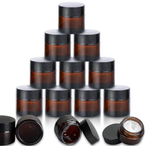 Fanchu 10 Stück Creme Behälter, Amber Glas Leer Cremetiegel, 10ml Cremedosen zum Befüllen Glasbehälter mit Deckel und Liner für Kosmetik Cremes Lotionen ätherische Öle