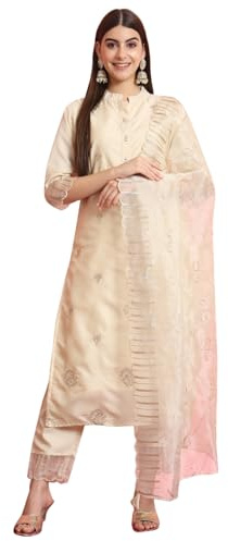 VredeVogel Dam sidenblandning broderad kurta med byxor och Dupatta set, Beige, XL