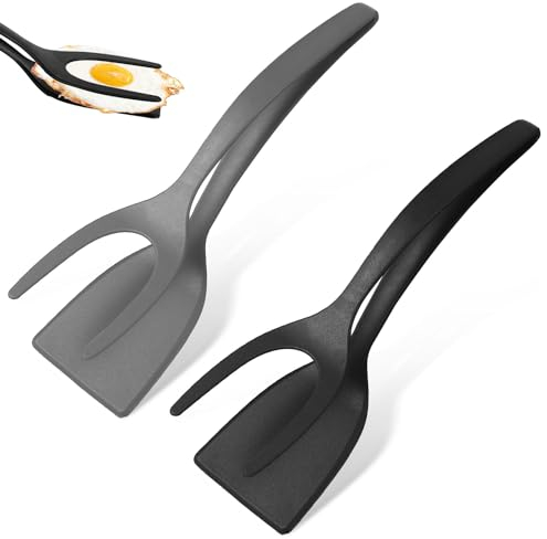 Spatola per Uova 2 in 1, 2pz Antiaderente Nylon Spatola per Uova Fritte Spatola e Pinza 2 in 1 per Cucinare Pinze Spatola Pinza per Griglia Pala da Cucina 2 in 1 per Toast Torta (Nero, Grigio)