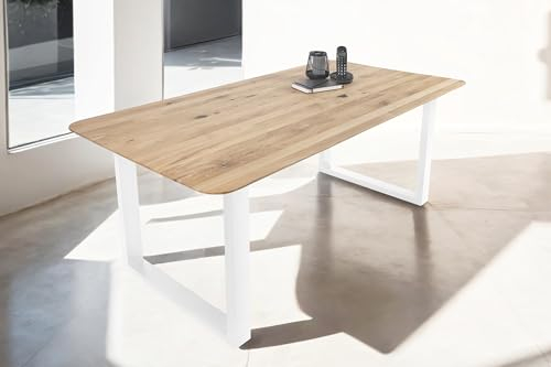 SAM Esstisch 180 x 90 cm Lotte, Eichenholz massiv & geölt, Esszimmertisch mit Schweizer Kante/runde Ecken, U-Gestell aus Metall Weiß, pflegeleichter Holztisch