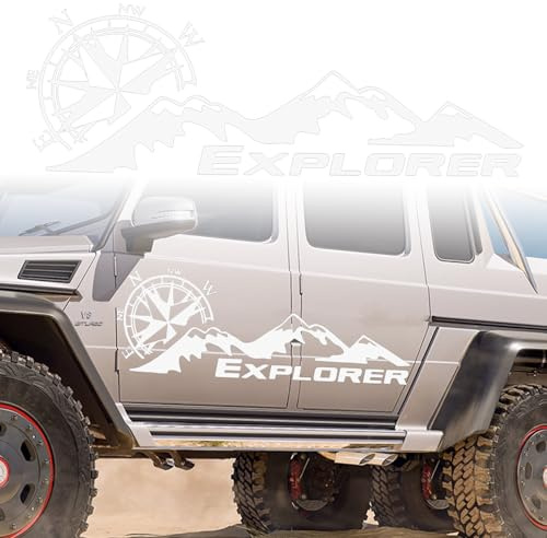 Montagna Bussola Adesivi per Cofano,Auto Adesivi Grafici Montagna Adesivo Decorativo in Vinile Impermeabile Universale per SUV Veicoli Camper Fuoristrada Carrozzeria Porta Laterale Bianco argento