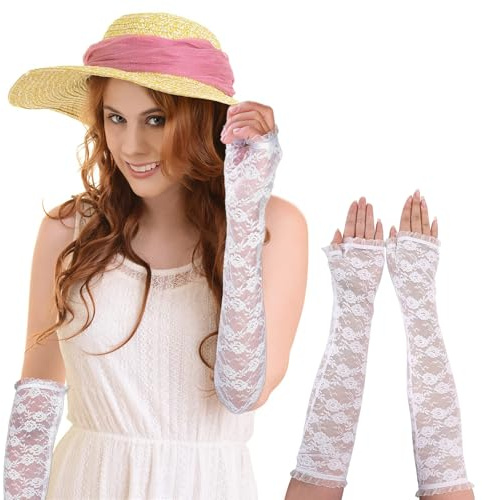NiceYnn Women Long Lace Fingerless Gloves, Elbow Length Opera Gloves, UV Protection Arm Sleeves, Punk Rock Arm Warmer Mittens, 80s 90s Party Cosplay Costume Sheer Mesh Lace Floral White