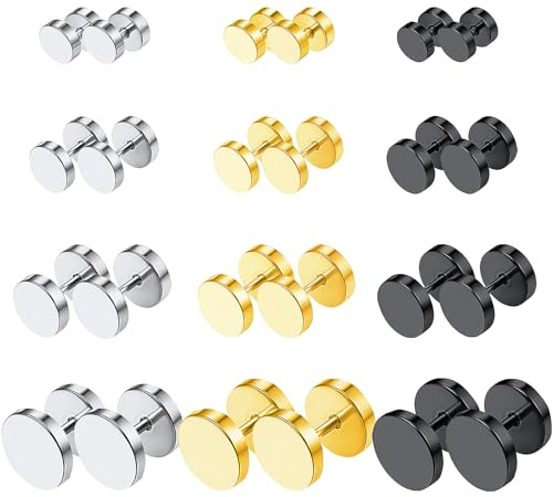 NEWITIN 12 Pairs Dot Stud Earrings for Men Faux Gauges Hypoallergenic Ear Tunnel Earring Surgical Steel Screw Flat Back Round Ear Studs for Women