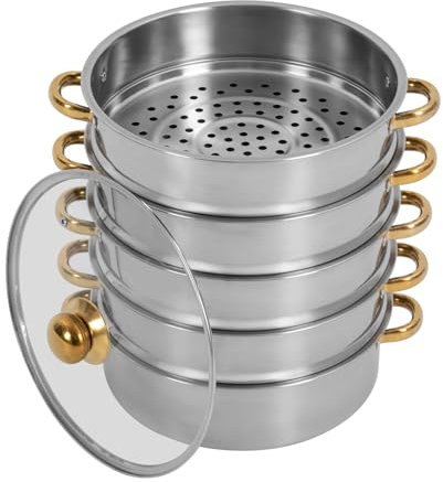 Pentola a vapore a 5 ripiani, in acciaio inox con coperchio in vetro, pentole a vapore per tutti i piani cottura, pentola Couscous (30 cm)