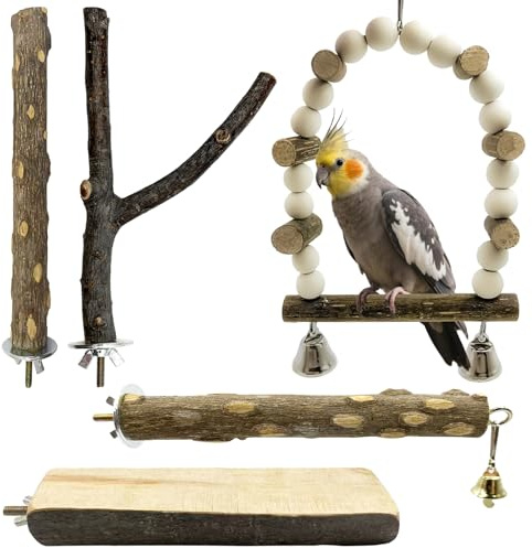 5Pcs Natural Wooden Bird Perch Set – Parrot Perch Toys, Bird Cage Perches, Cage Accessories for Budgies, Cockatiels, Lovebirds, Finches, and Other Small to Medium Birds
