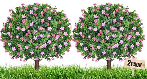 FUHSY Set of 2 Artificial Boxwood Topiary Ball Trees with Pink Flowers Fake Bushes Plants Outdoor Boxwood Ball with Ground Spike 60cm UV Resistant Faux Greenery Shrubs for Porch Garden