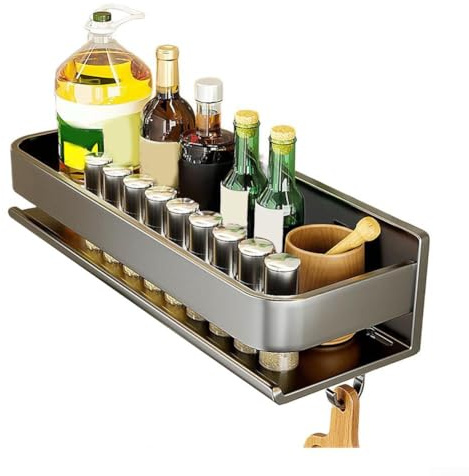 Portaspezie, organizer da cucina a parete, in acciaio al carbonio, senza fori, mensola da cucina con 5 ganci
