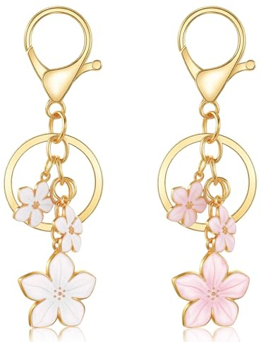 Ouligay 2pcs Cute Flower Keyring for Women Girls Floral Flower Purse Bag Charm for Handbags Pink Aesthetic Cute Car Key ring Bag Accessories for Best Friend Birthday Christmas Bff Mom Mother Gift