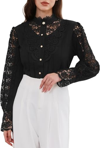 Allegra K Lace Trim Top for Women's Elegant Stand Collar Victorian Long Sleeve Button Down Blouse X-Large Black