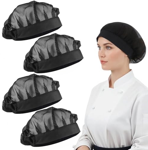 Nogeqi Förpackning med 4 elastiska huvudskydd hårnät kök justerbar matlagningskeps för sovande kockmössa dam kock hatt tvättbar andningsbar för hårnät nät keps unisex (svart)