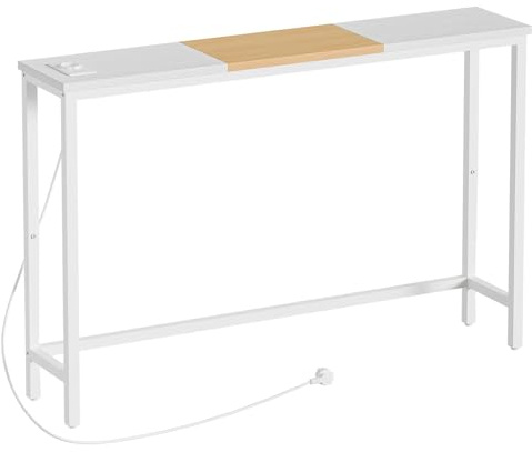 HOOBRO Mesa de Entrada, Consola Estrecha, Mesa Estrecha para Detrás del Sofá, Mesa de Entrada con Base de Carga con Enchufes y Puertos USB, para Entrada, Blanco y Natural EWN114CXG01