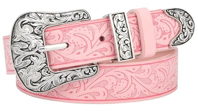 AWAYTR Kids Western Belt for Girls - Vintage Cowgirl Leather Belt for Jeans Dresses, Pink, Fit Waist 28-32in