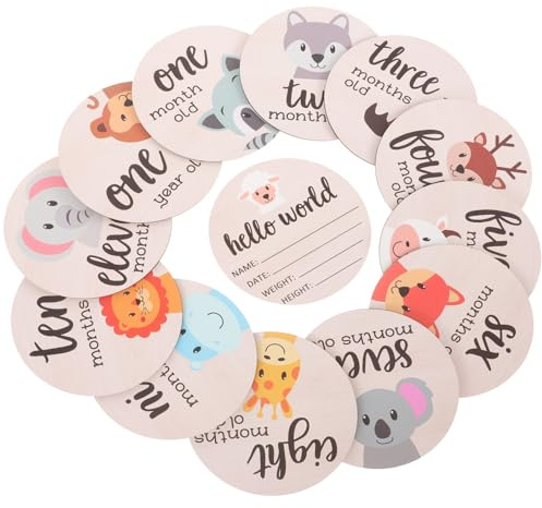Tofficu 13pcs Monthly Wooden Milestone Cards Set Newborn Growth Photo Props Months Signs for First Year Photography