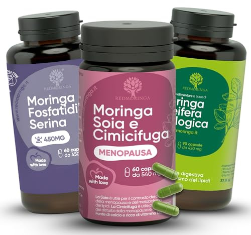 Trio Menopausa – Integratori per Cortisolo, Vampate di Calore e Pancia da Stress - con Moringa Bio + Fosfatidilserina + Cimicifuga | Metabolismo, Umore e Sonno | Made in Italy – RedMoringa 210 Capsule