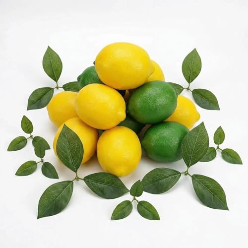 10 limones artificiales con hojas, imitación de limón realista, frutas artificiales realistas, limones amarillos, decoración para el hogar, cocina, fiestas, verano, fruteros, accesorios para fotos (A)
