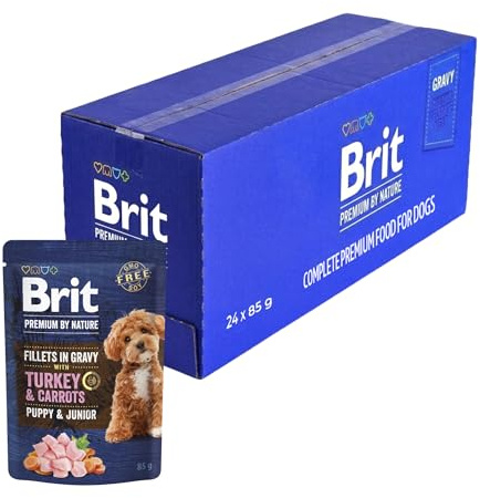 Brit Premium by Nature - Comida húmeda para Cachorros y Perros jóvenes, fillets en Salsa, Pavo y Zanahoria, alimento Completo, Ayuda a la digestión, 24 x 85 g