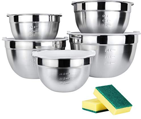 JUNING Bols Mélangeurs Inox 18/10 Lot de 5 avec Couvercles, Bol À Soupe, Saladier, Bol à Céréales, Bol À Dessert, Snack Bol, Bol à Glace