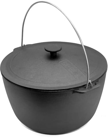 Сamping Topf Kazan 8L aus Gusseisen mit Bügel und Gusseisendeckel BRIZOLL Schwenktopf Campingtopf Gulaschkessel Schmortopf Asia WOK Deckel Outdoor BBQ Camping Lagertopf