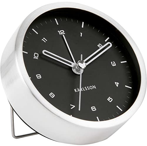 Karlsson [A] [DL] Alarm Clock Tinge Brushed Steel, Black dial D.9cm, H.3cm Excl.1 AA Batt.,des. Armando Breeveld