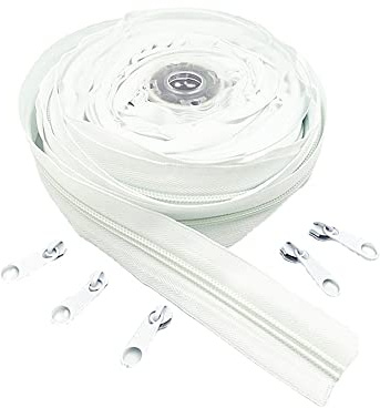 Bobine de fermeture éclair en nylon avec 20 curseurs pour bricolage, couture, accessoires de vêtements (20 couleurs) 10 mètres (blanc)