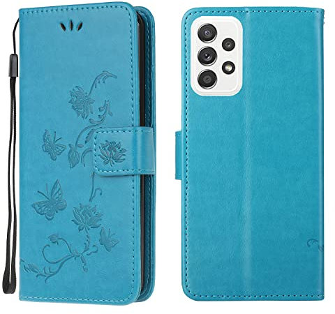 Samsung Galaxy M13 / M23 Case, Shockproof Flip PU Leather Slim Fit Wallet Phone Case Lotus Butterfly with Stand Card Slot Holder Gel Bumper Folio Protective Cover for Samsung M13 / M23 Blue