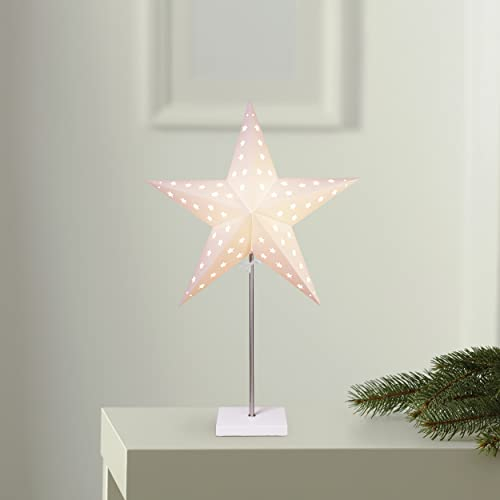 Tischlampe Weihnachtsstern Leo von Star Trading, 3D Papierstern Weihnachten in Weiß mit Fuß aus Holz und Metall, Dekostern Tischleuchte mit Kabelschalter, E14, Höhe: 65 cm