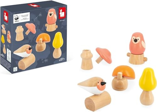 Janod - 2 Birds and 3 Mushrooms Screw Toy - Early-Years Developmental Toy - FSC Wooden Toy - In Partnership with WWF - 18 Months +, J08643