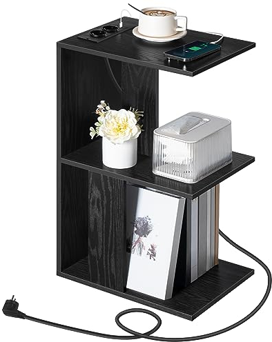 MAHANCRIS Couchtisch mit Ladestation, C-förmiger Beistelltisch mit wiederaufladbarer LED-Sensorleuchte, Sofa-Beistelltisch mit Ablagen, Nachttisch für Schlafzimmer, Wohnzimmer, Schwarz AETHB18UE01