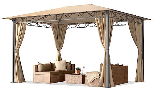 Garden pavilion 3x4 m waterproof PREMIUM pavilion with 4 side-panels curtains garden tent approx. 220g/m² roof tarpaulin in taupe party tent