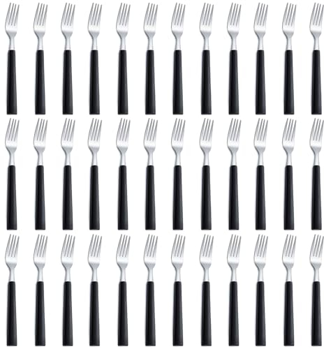 Pleafind Set di 36 forchette in acciaio inox con manici neri, set di forchette per casa/cucina/ristorante, lucidate a specchio, 18 cm, lavabili in lavastoviglie