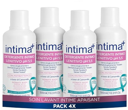 Intima+ | Nettoyant intime apaisant, nettoyant intime Ph 5,5, nettoyant antibactérien, nettoyant à base de camomille, nettoyant intime pour femmes, 4 x 500 ml