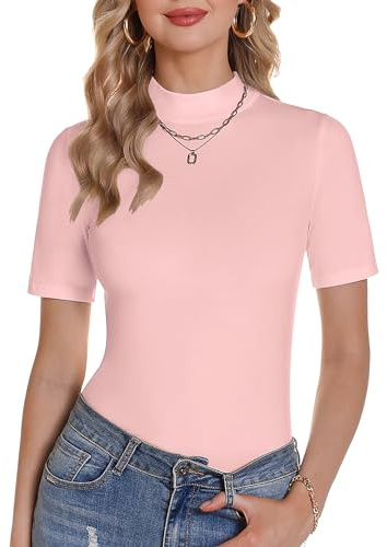 Totatuit Women's Summer T-Shirts Short Sleeve Elegant Turtleneck T-Shirt Top Turtleneck Casual Basic Pullover Slim Fit Soft Sexy, pink, L