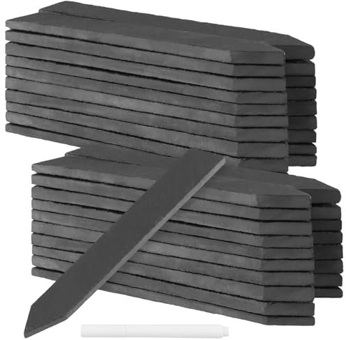 SINJEUN Lot de 40 étiquettes de jardin en ardoise avec stylo talc, étiquettes de jardin en ardoise pour potager, jardinière, fleur 15 x 2 cm