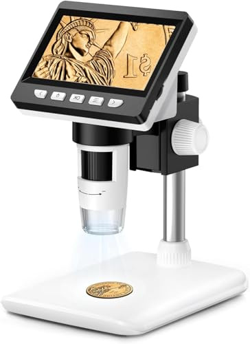 Microscopio Digitale, 4,3 1080P Microscopio Elettronico con Ingrandimento 50x-1000x, 8 Luci LED Regolabili, Vista PC, Compatibile PC/Windows/Mac OS, 32GB