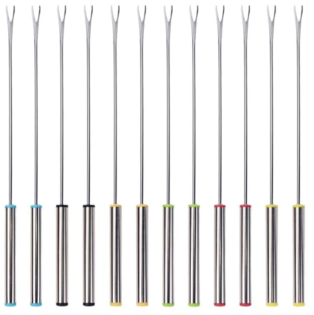 12Pcs Stainless Steel Fondue Forks, 6 Color Cheese Fondue Forks with Heat Resistant Handle, Smores Sticks for Chocolate Fountain Roast Marshmallows Dessert Fruits(9.5 Inch)