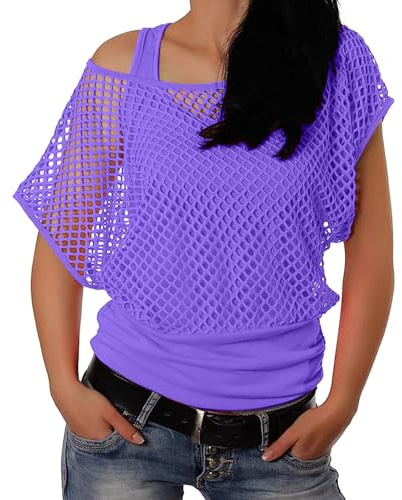 Générique T-Shirt en Maille pour Femme Tenue des années 80 pour Le Fête à thème Haut en Maille Haut d'été Résille Fluo avec Épaules Dénudées pour Rétro Disco Costume Fête (Purple, XL)