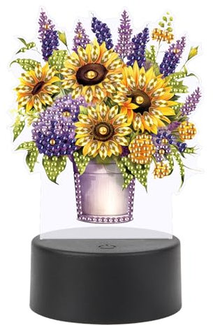 SHEGZHUC Lámpara de mesita de noche con diseño de girasoles en jarrón LED, lámpara de mesa, lámpara de noche, enchufe USB, lámpara LED, mosaico, pintura de diamantes, flores, arte, regalo, adornos,