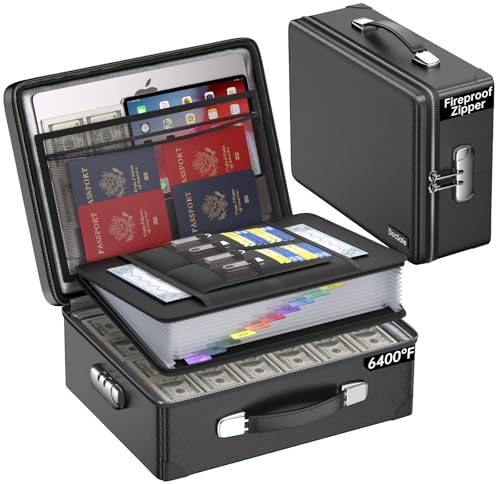 DocSafe 6400°F Fireproof Document Box with Lock,Heat Insulated Fireproof Water Resistant 10 Layers Hard Case Safe Box with Zipper＆Multi Pockets,Protects Personal Items,Documents,Laptop,Passport,Black