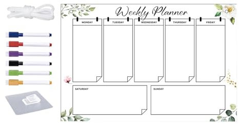 Tableau sec hebdomadaire en acrylique | Tableau d'affichage effaçable à suspendre | Planificateur hebdomadaire avec 6 marqueurs de couleur pour chambre à coucher, lieu de travail, verre, mur